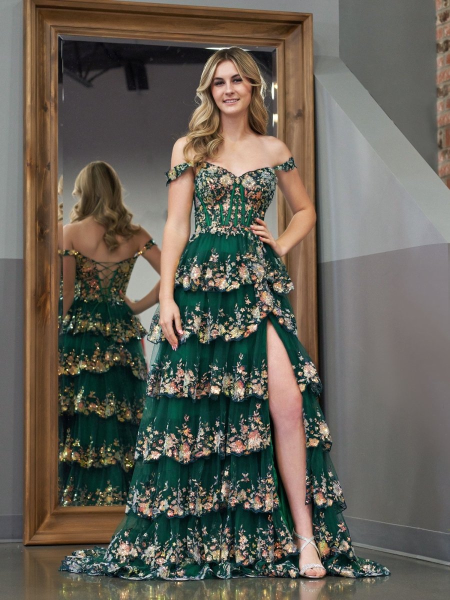 Capri | Green Crystal Sequins Princess A Line Off the Shoulder Prom Dress with Lace Ruffles - KissProm