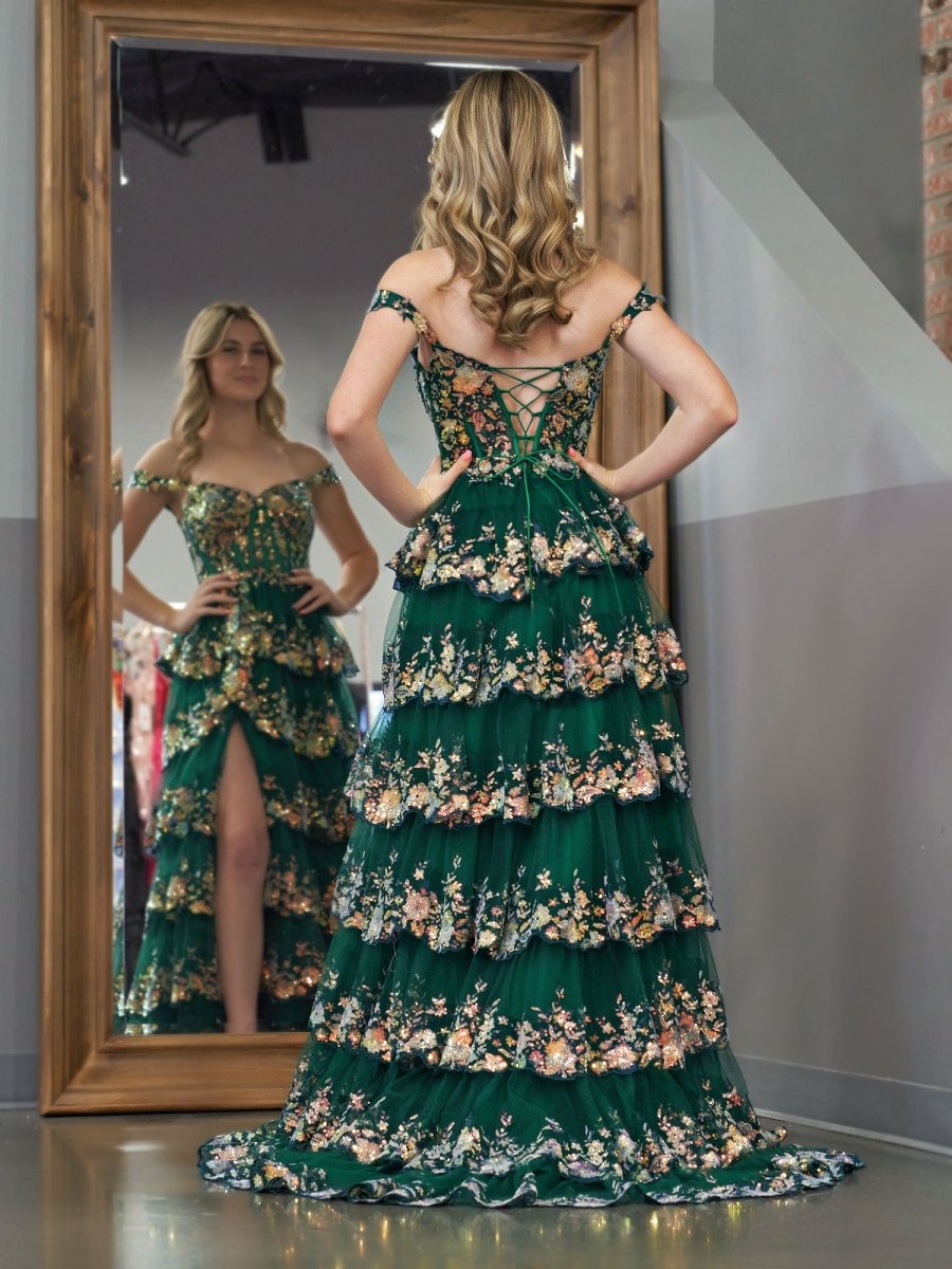 Capri | Green Crystal Sequins Princess A Line Off the Shoulder Prom Dress with Lace Ruffles - KissProm