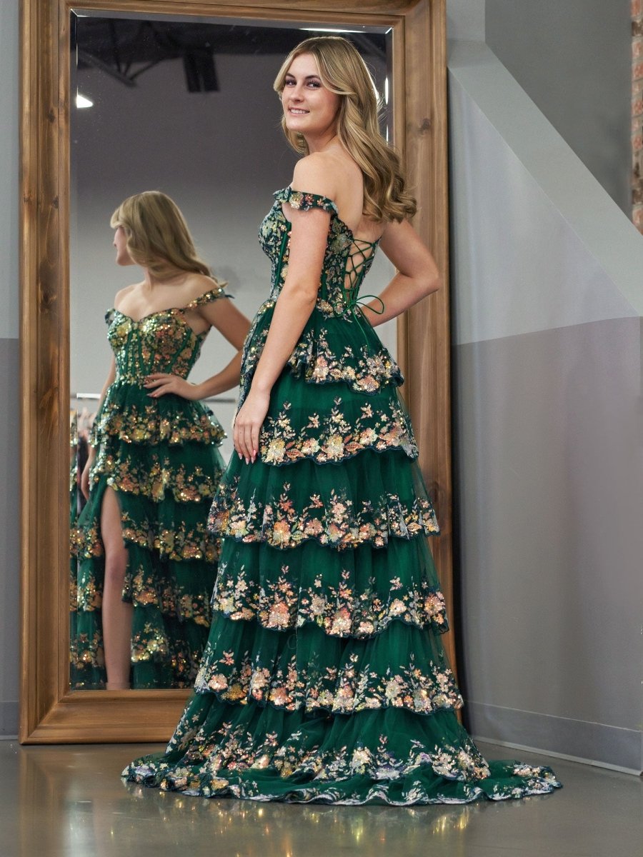 Capri | Green Crystal Sequins Princess A Line Off the Shoulder Prom Dress with Lace Ruffles - KissProm