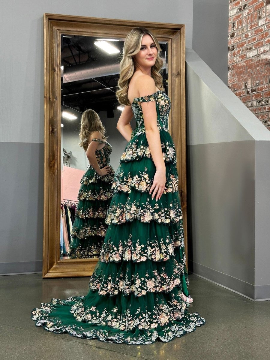 Capri Green Crystal Sequins Princess A Line Off the Shoulder Prom Dr