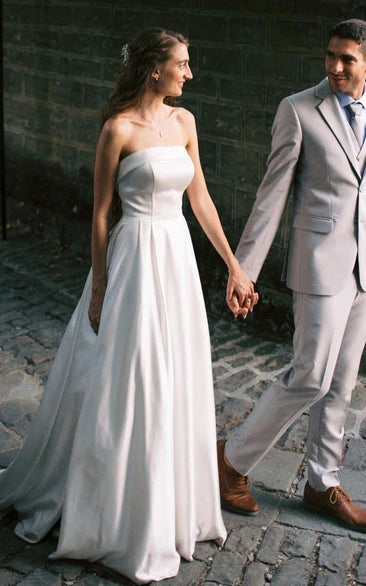 Casual A - Line Strapless Satin Garden Wedding Dress With Backless And Illusion Sleeves - KissProm