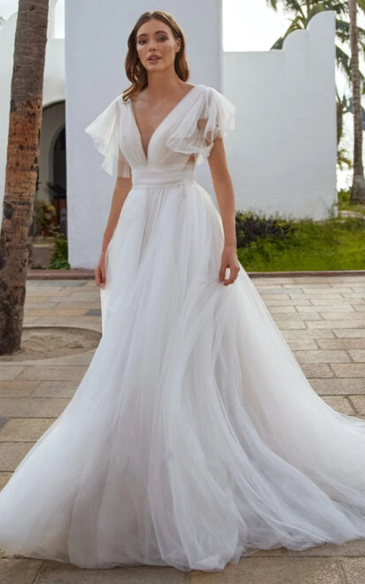 Casual Beach A - Line Tulle Wedding Dress With V - neck And Low - V Back - KissProm