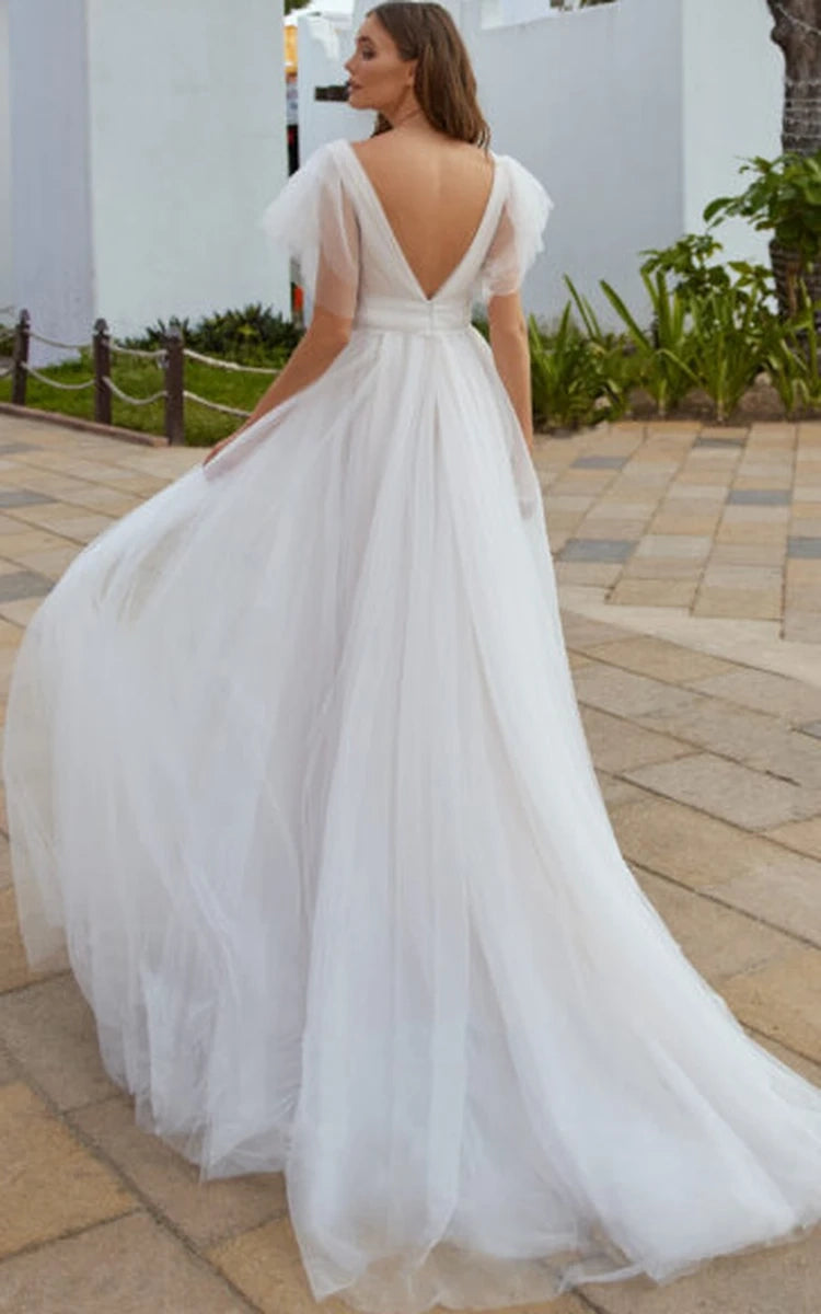 Casual Beach A - Line Tulle Wedding Dress With V - neck And Low - V Back - KissProm