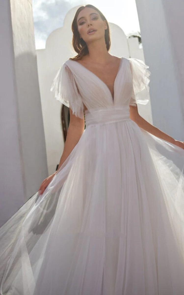 Casual Beach A - Line Tulle Wedding Dress With V - neck And Low - V Back - KissProm