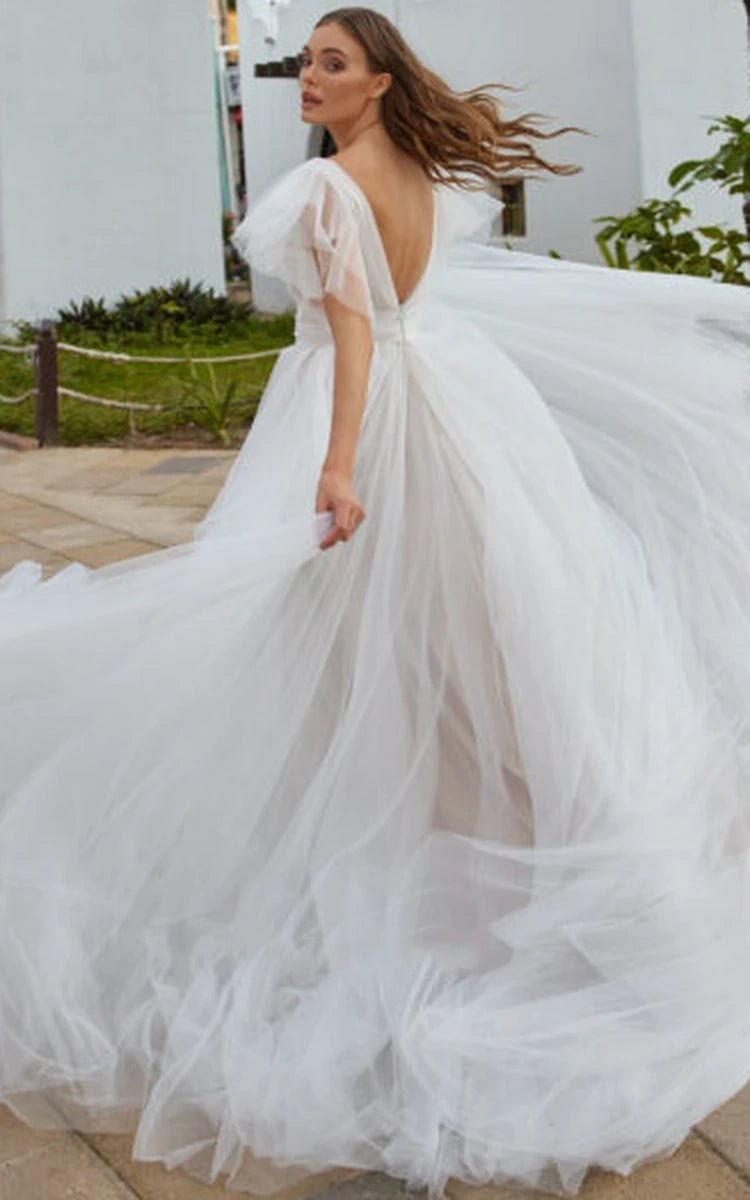 Casual Beach A - Line Tulle Wedding Dress With V - neck And Low - V Back - KissProm