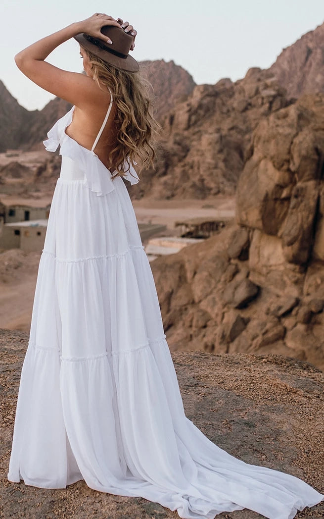 Casual Chiffon Spaghetti A Line Sleeveless Wedding Dress with Ruffles and Open Back - KissProm