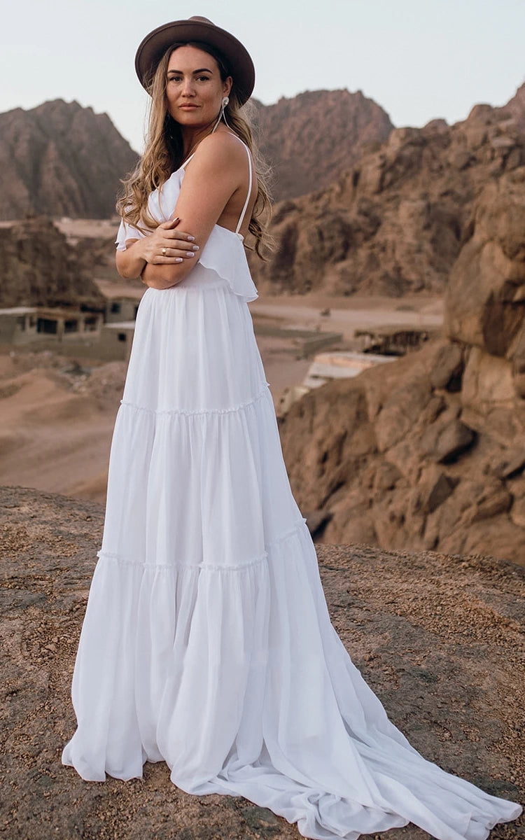 Casual Chiffon Spaghetti A Line Sleeveless Wedding Dress with Ruffles and Open Back - KissProm