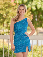 Cate | Sheath One Shoulder Blue Sequin Homecoming Dress With Slit - KissProm