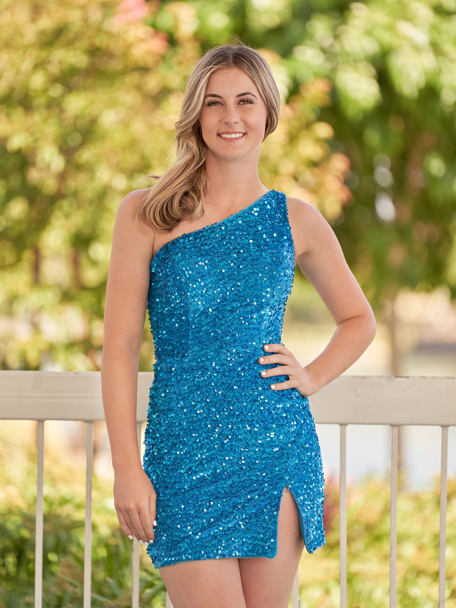 KissProm Sheath One Shoulder Sequin Homecoming Dress With Slit | The Cate homecoming dress features intricate sequins fabric, radiating glitz and glamour with every turn you make.