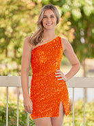 KissProm Sheath One Shoulder Sequin Homecoming Dress With Slit | The Cate homecoming dress features intricate sequins fabric, radiating glitz and glamour with every turn you make.