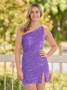 KissProm Sheath One Shoulder Sequin Homecoming Dress With Slit | The Cate homecoming dress features intricate sequins fabric, radiating glitz and glamour with every turn you make.