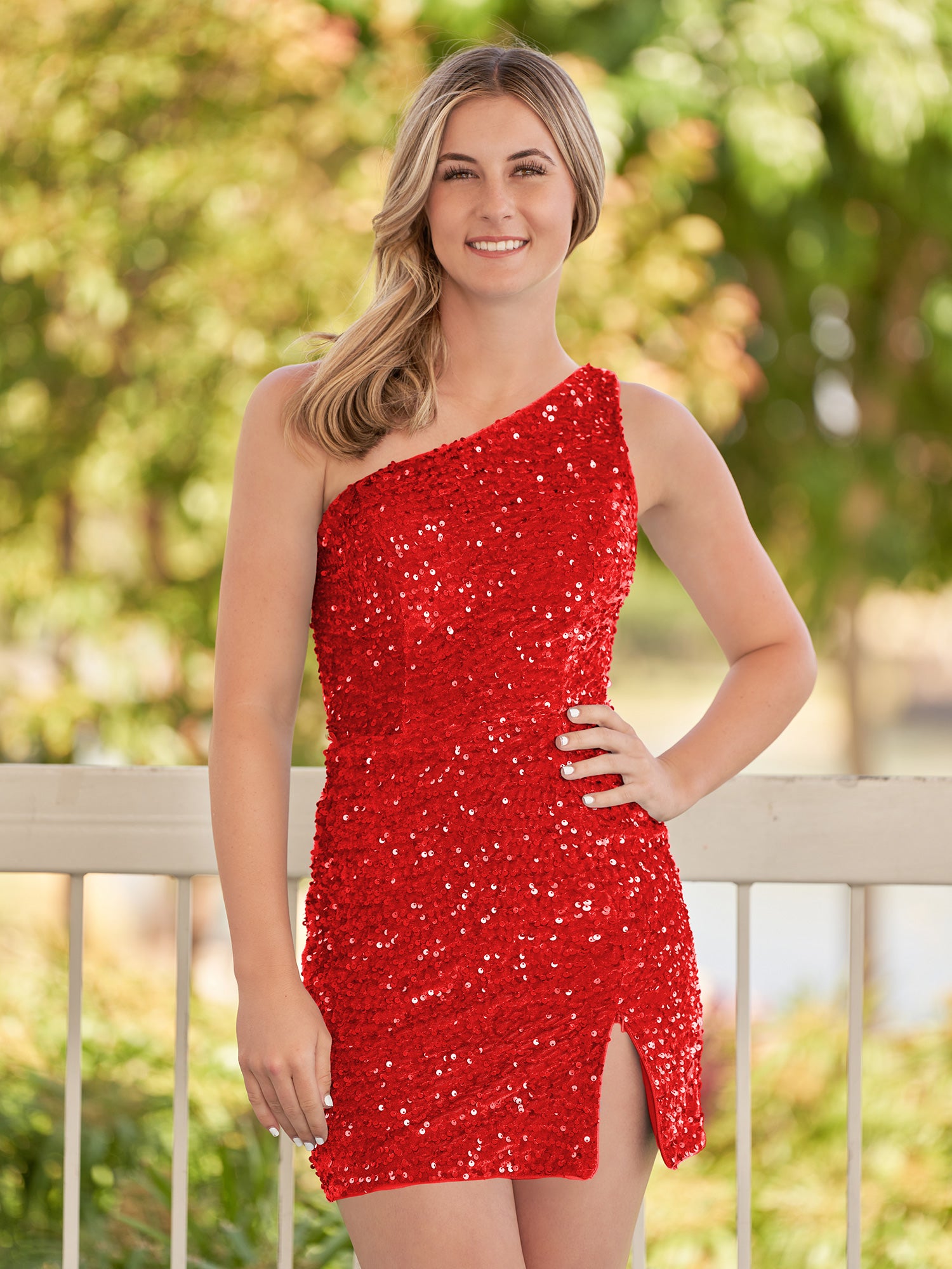 KissProm Sheath One Shoulder Sequin Homecoming Dress With Slit | The Cate homecoming dress features intricate sequins fabric, radiating glitz and glamour with every turn you make.