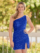 Cate | Sheath One Shoulder Blue Sequin Homecoming Dress With Slit - KissProm