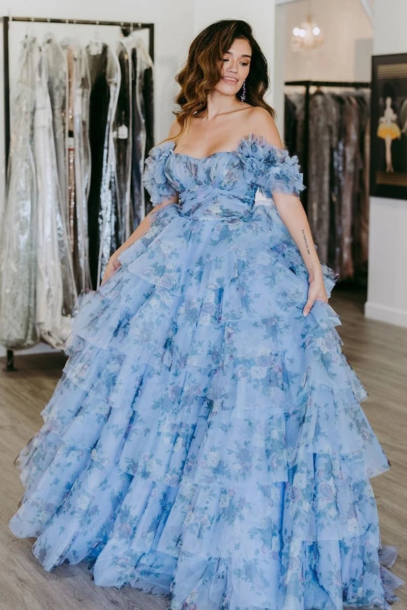 Sigourney | Blue Floral Tiered A - Line Long Prom Dress with Ruffles - KissProm