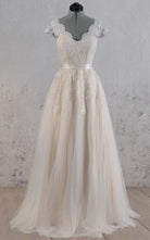 Cap Sleeve V - Neck Lace Wedding Dress With Tulle Skirt and V - Back - KissProm