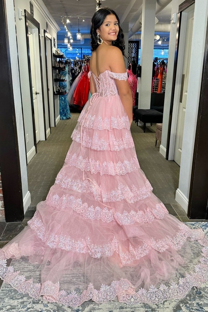 Ceryn | Pink Sequin Appliques Off - the - Shoulder Ruffle Tiered Long Gown - KissProm