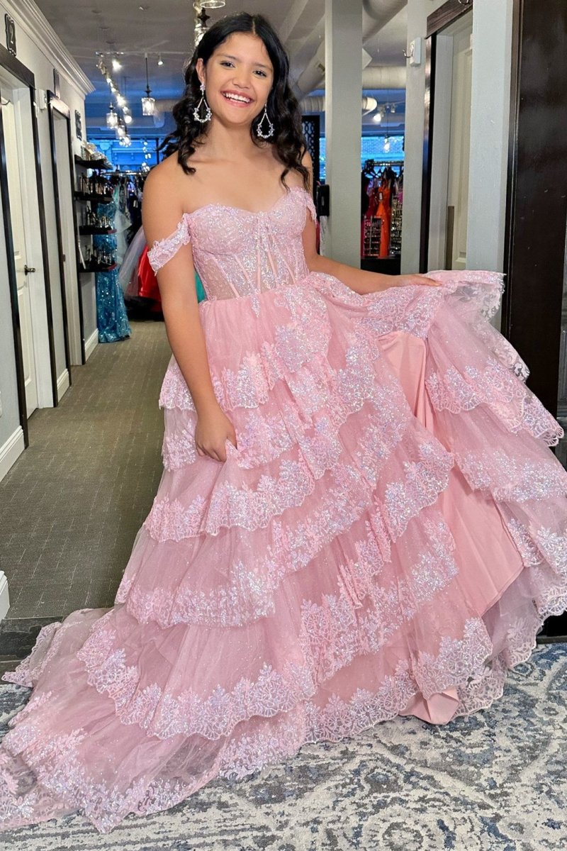 Ceryn | Pink Sequin Appliques Off - the - Shoulder Ruffle Tiered Long Gown - KissProm