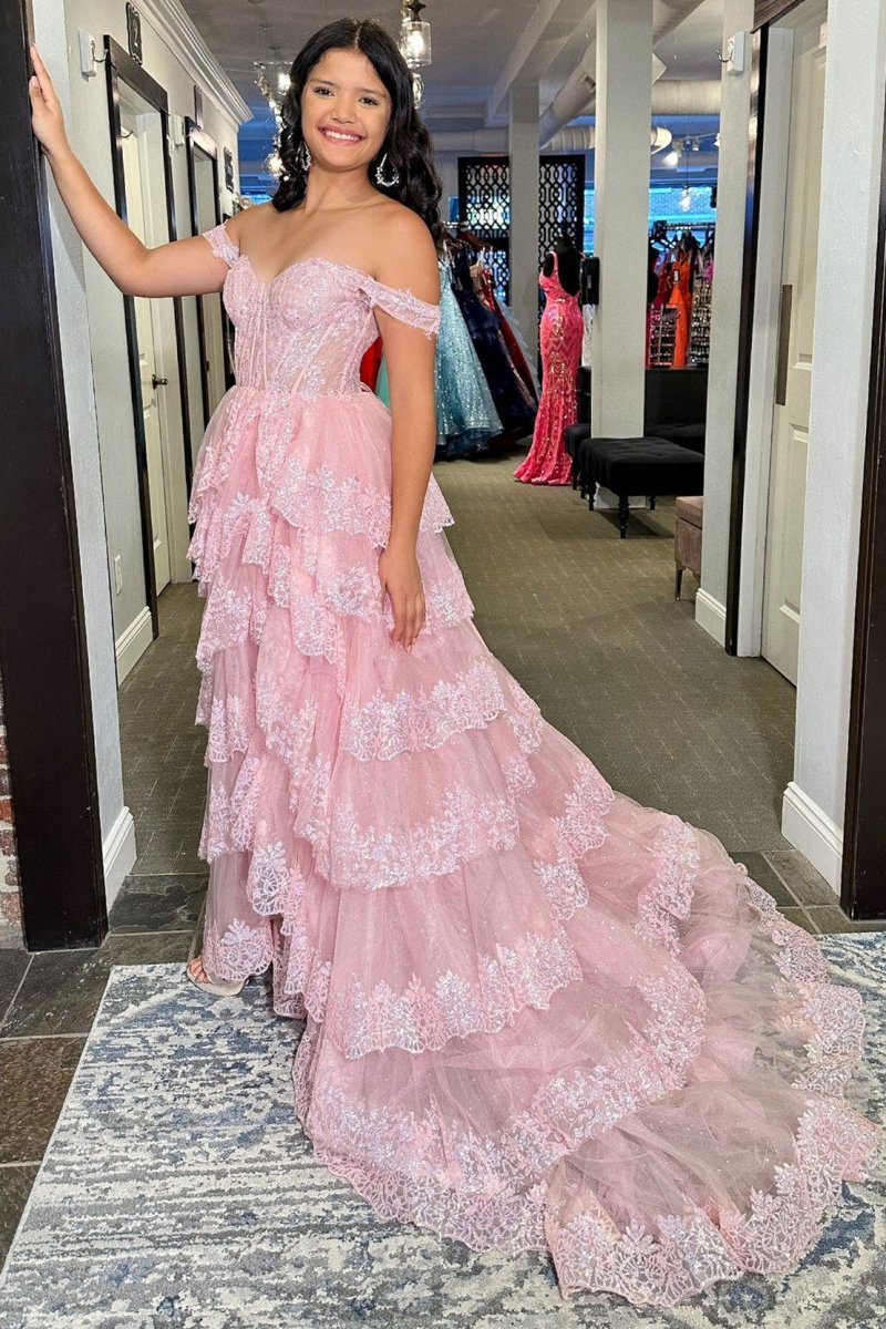 Ceryn | Pink Sequin Appliques Off - the - Shoulder Ruffle Tiered Long Gown - KissProm