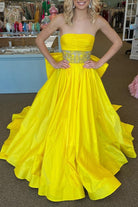 Chad | Yellow Strapless Beaded Waist Bow Back Long Gown - KissProm