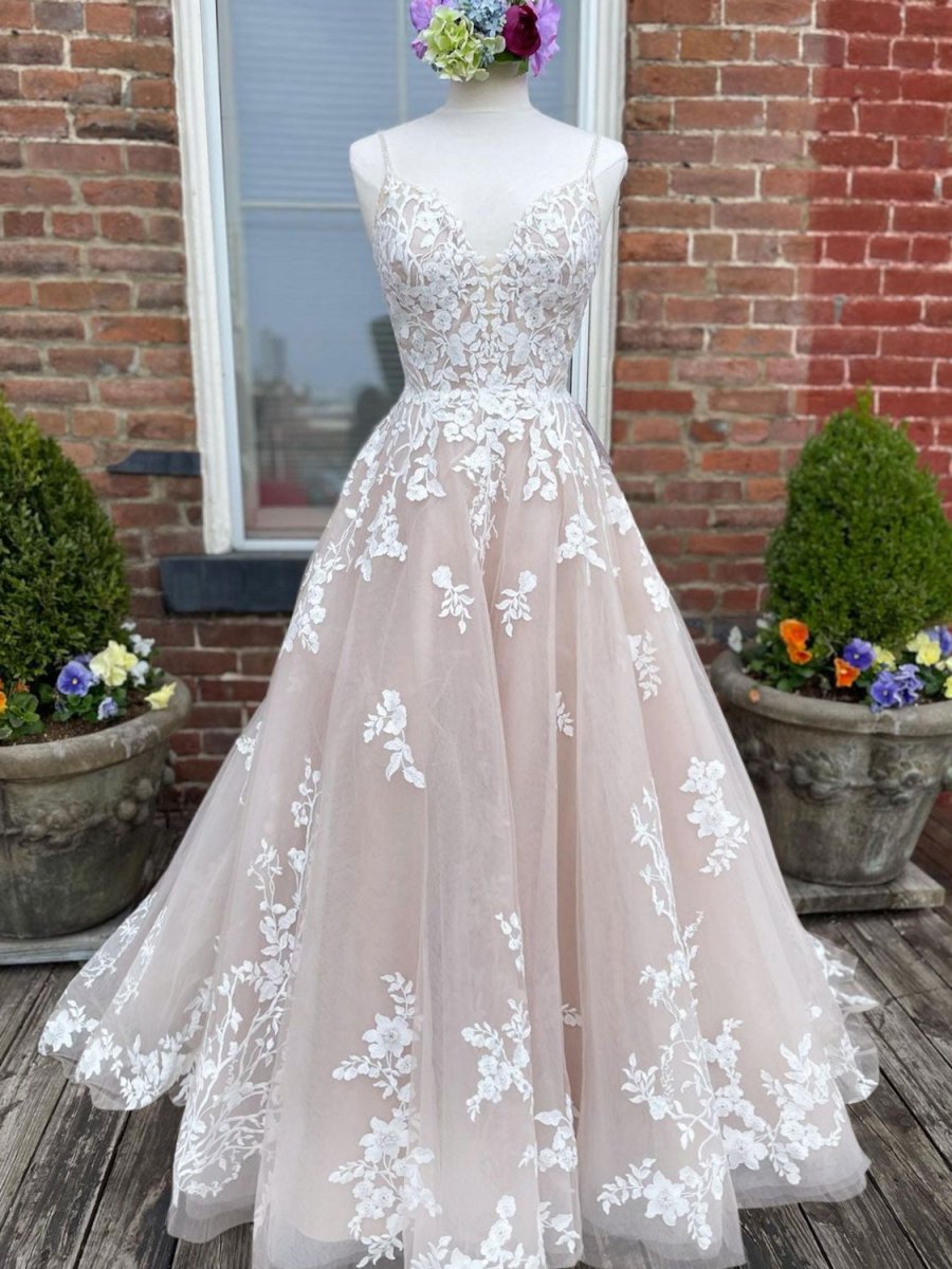 Champagne V Neck Lace Tulle Long Wedding Dress With Lace - Up Back - KissProm