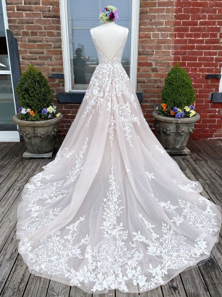 Champagne V Neck Lace Tulle Long Wedding Dress With Lace - Up Back - KissProm