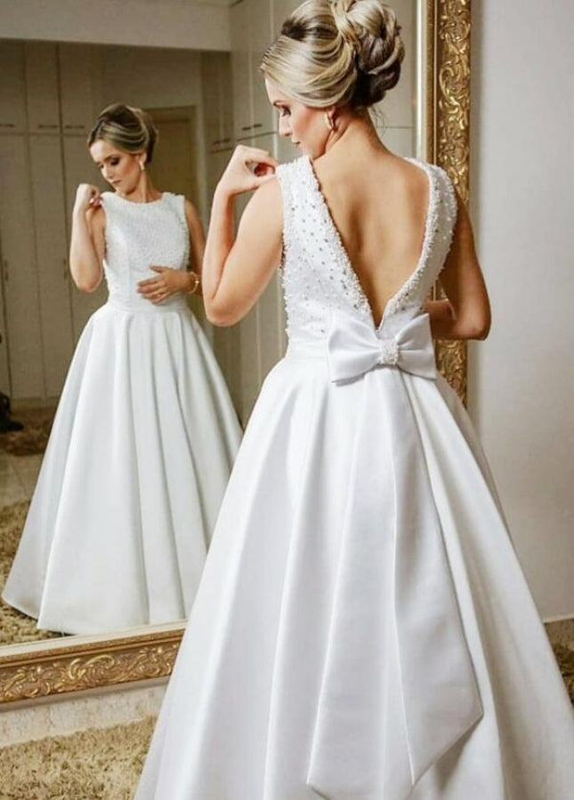 Chic Sleeveless Beaded A - line Satin Backless Bride Dresses Wedding Bow Ribbon Sash - KissProm