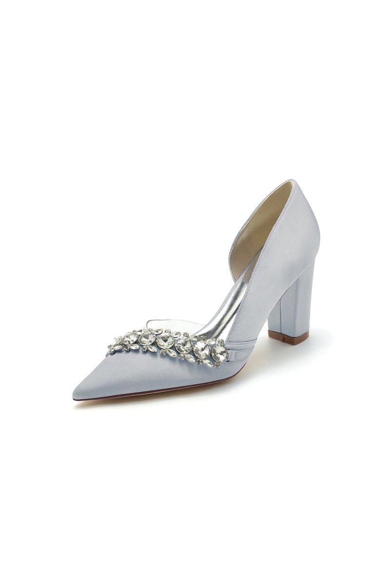 Chic Satin Pointed Toe Slip - on Chunky Heels With Rhinestone - KissProm