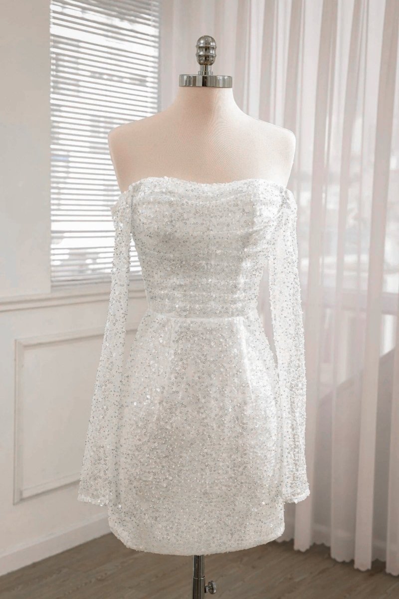 Aelia | Chic Short Sequined Backless Wedding Dress With Long Detachable Sleeves - KissProm