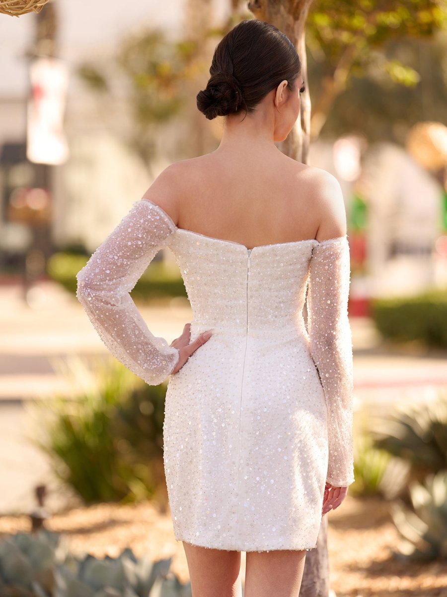 Aelia | Chic Short Sequined Backless Wedding Dress With Long Detachable Sleeves - KissProm