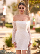 Aelia | Chic Short Sequined Backless Wedding Dress With Long Detachable Sleeves - KissProm