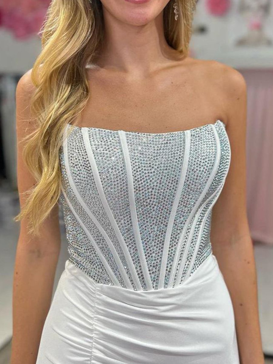 Chime | White Mermaid Strapless Satin Long Prom Dresses With Beading - KissProm