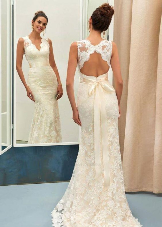 Classic Mermaid V - Neck White Lace Backless Wedding Bridal Dress - KissProm