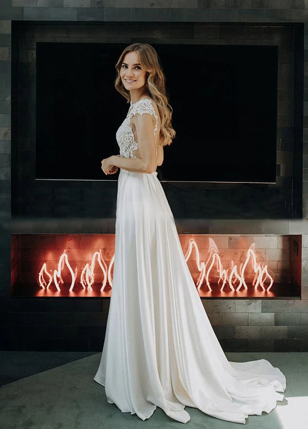 A-Line Cap Sleeve Long Backless Wedding Dresses with Appliques
