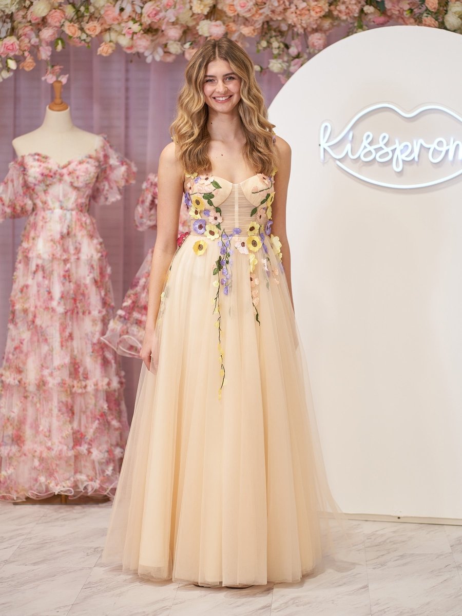 Piper | A - Line Corset Midi Prom Dress with 3D Flowers - KissProm