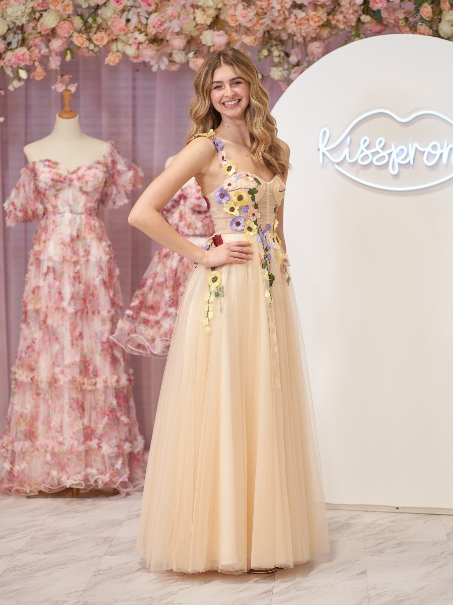 Piper | A - Line Corset Midi Prom Dress with 3D Flowers - KissProm