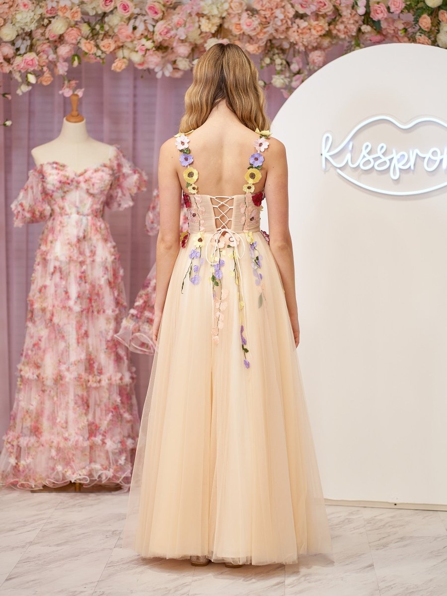 Piper | A - Line Corset Midi Prom Dress with 3D Flowers - KissProm