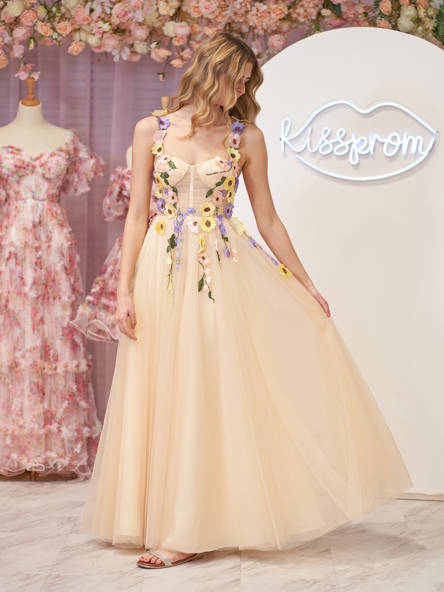 Piper | A - Line Corset Midi Prom Dress with 3D Flowers - KissProm