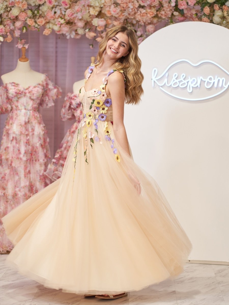 Piper | A - Line Corset Midi Prom Dress with 3D Flowers - KissProm