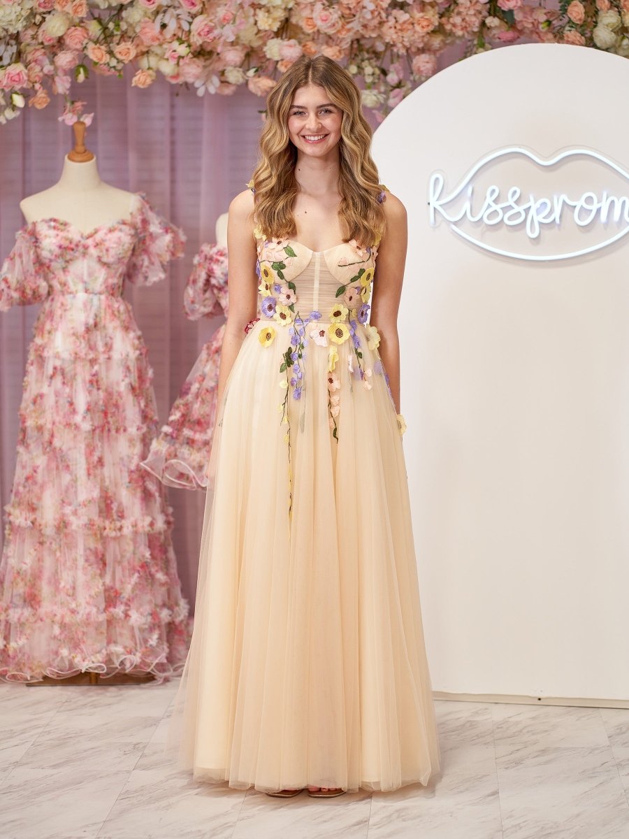 Piper | A - Line Corset Midi Prom Dress with 3D Flowers - KissProm