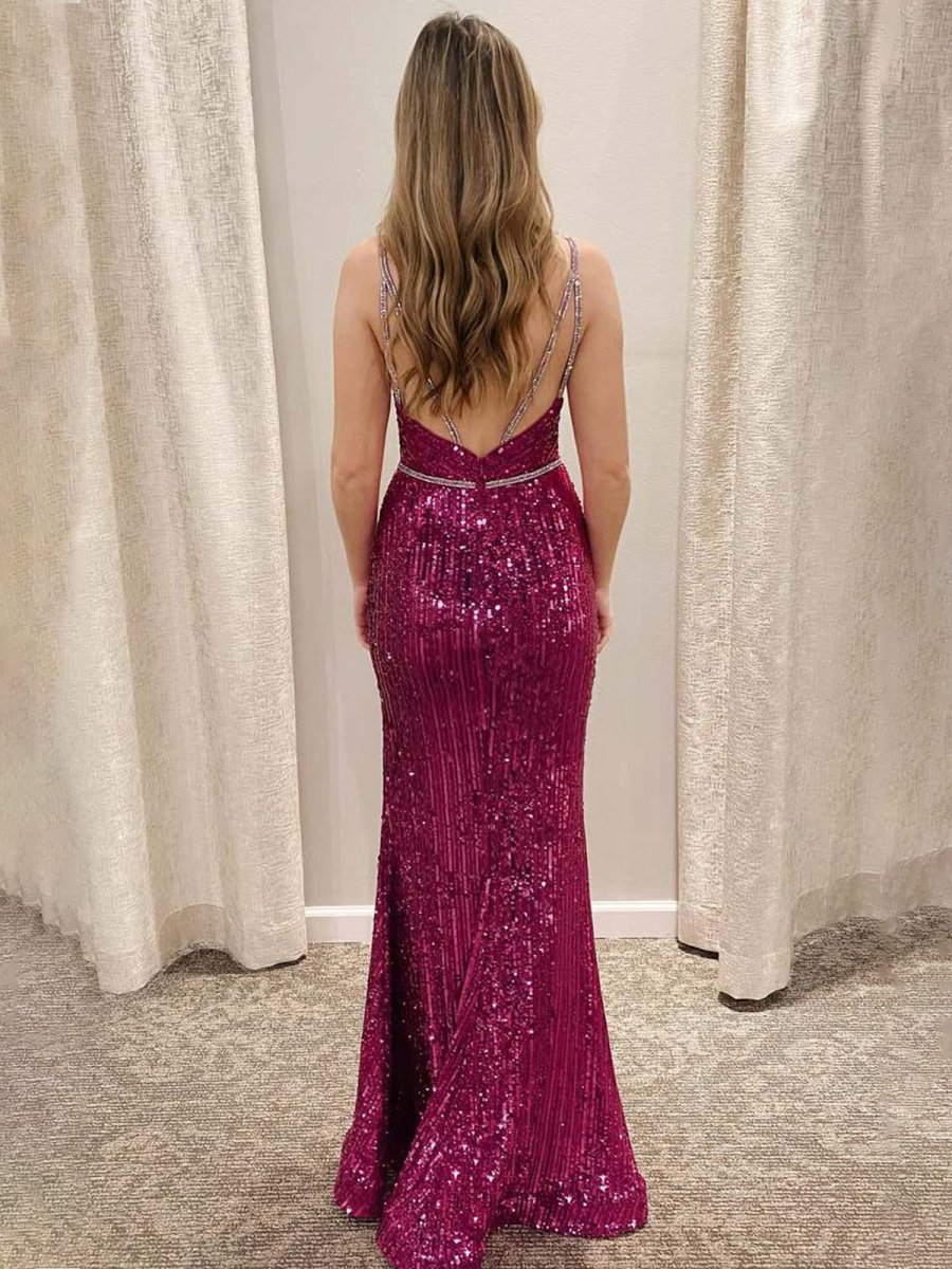 Covie | Mermaid V - Neck Spaghetti Straps Sequined Long Prom Dress with Slit - KissProm