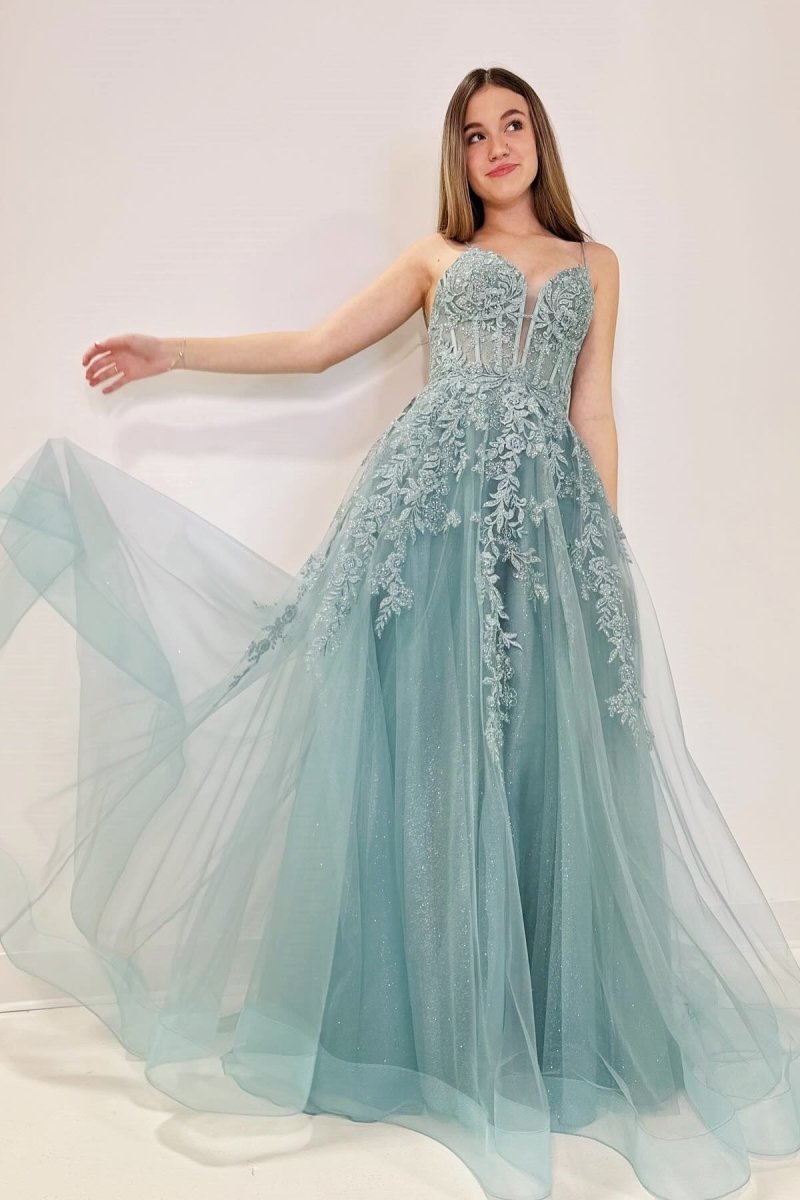 Cozy | Tulle Appliques Lace - Up A - Line Long Prom Dress - KissProm