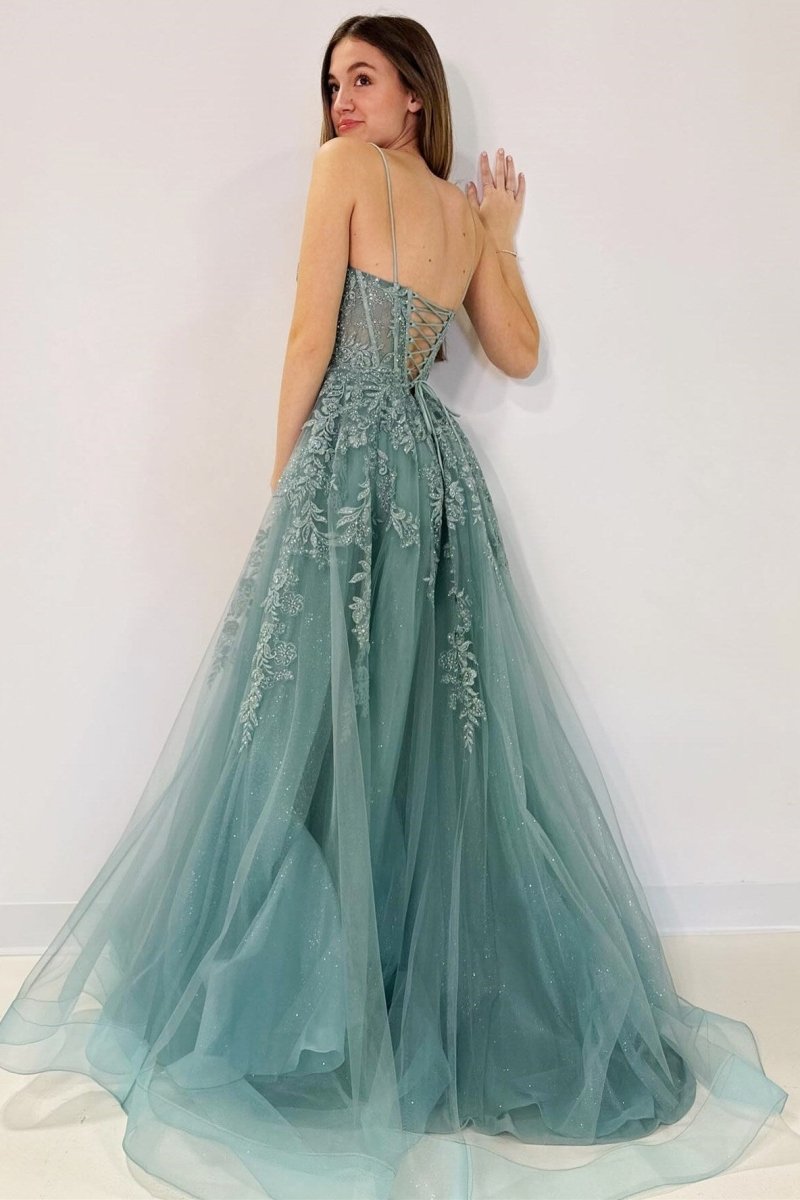 Cozy | Tulle Appliques Lace - Up A - Line Long Prom Dress - KissProm