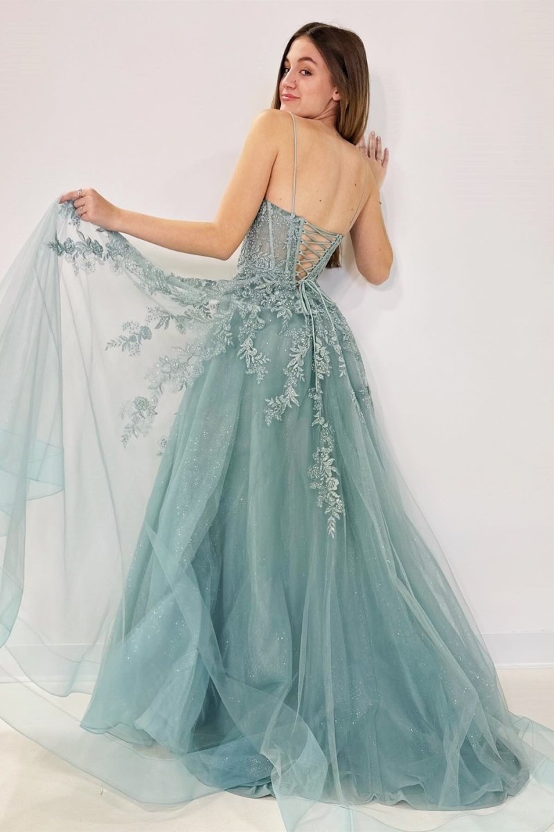 Cozy | Tulle Appliques Lace - Up A - Line Long Prom Dress - KissProm