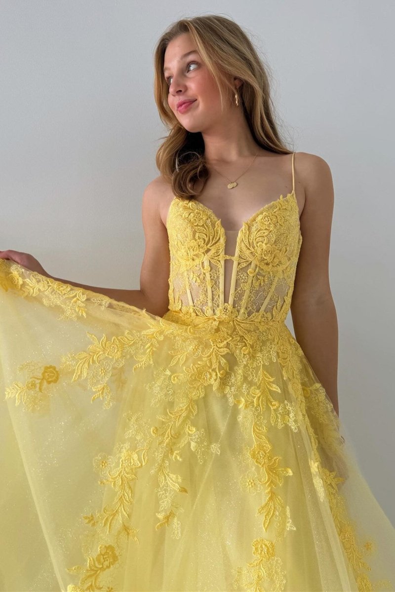 Cozy | Tulle Appliques Lace - Up A - Line Long Prom Dress - KissProm