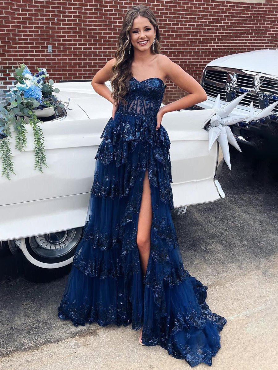 Cressie | Sweetheart Navy Blue Appliques A - line Ruffle Long Prom Dress - KissProm