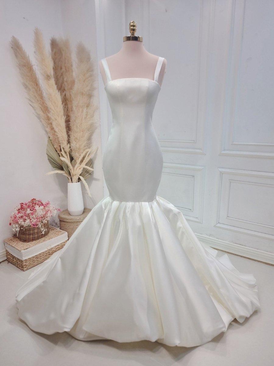 Mermaid Simple Satin White Wedding Dress Sweep Train Bridal Gown - KissProm