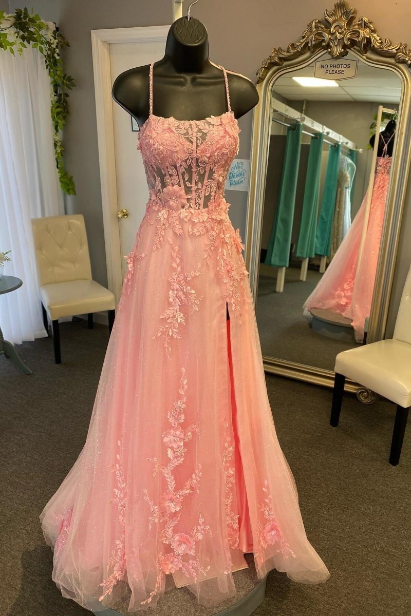 Cybele | Coral Spaghetti - Straps A Line Tulle Prom Dress With Appliques - KissProm