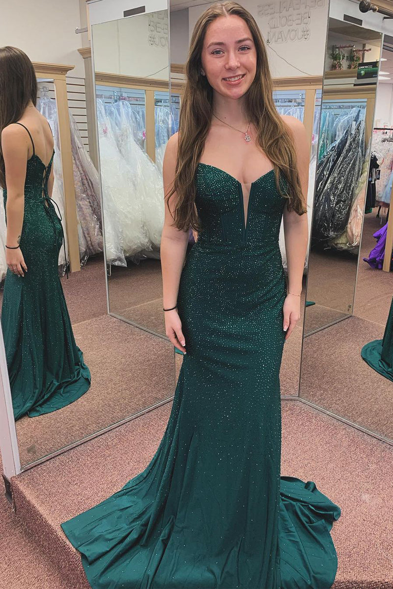 Dark Green Spaghetti Straps Beaded Mermaid Long Prom Dresses - KissProm