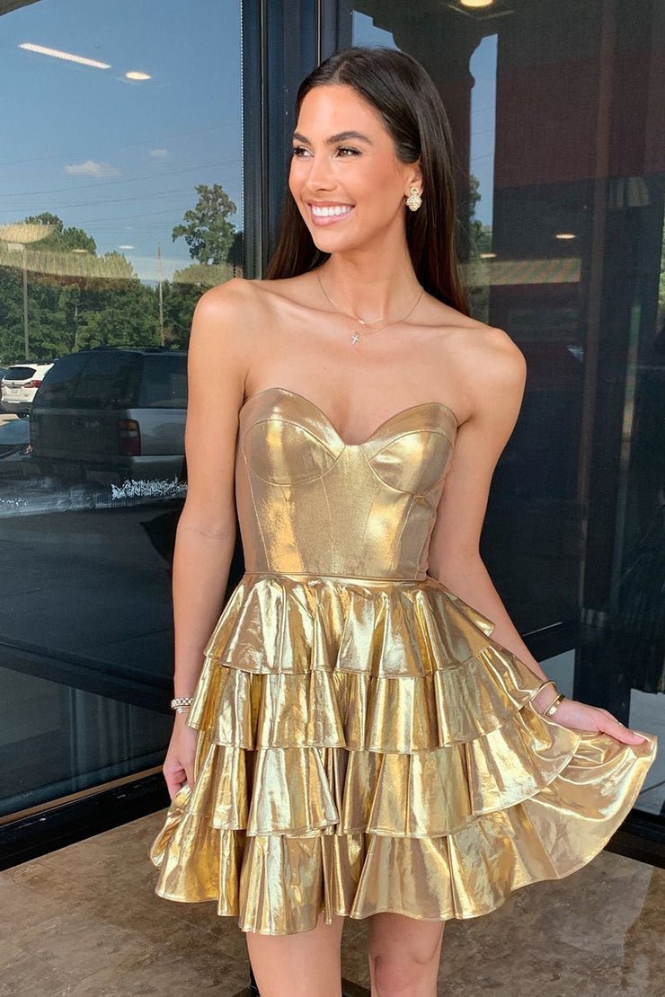 Bonny Sweetheart Gold Metallic A Line Ruffle Homecoming Dress