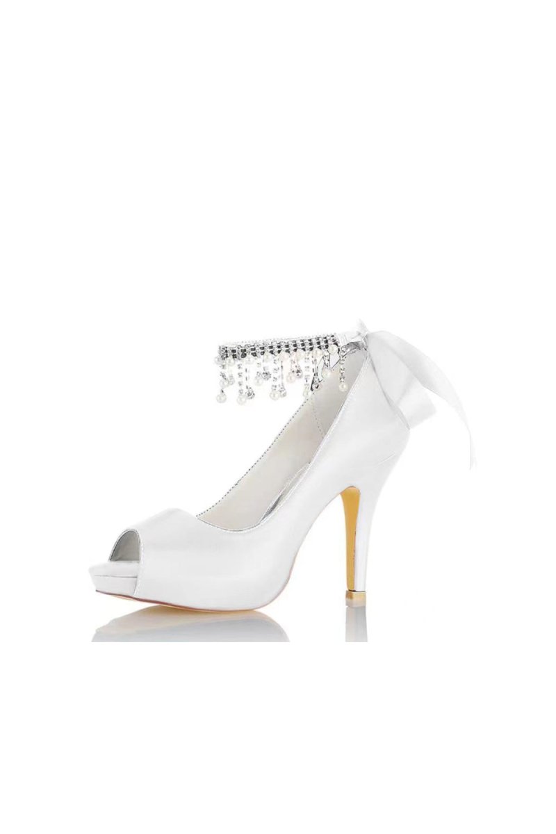 Chic Peep Toe Ribbons Faux Pearl Strap Pumps - KissProm